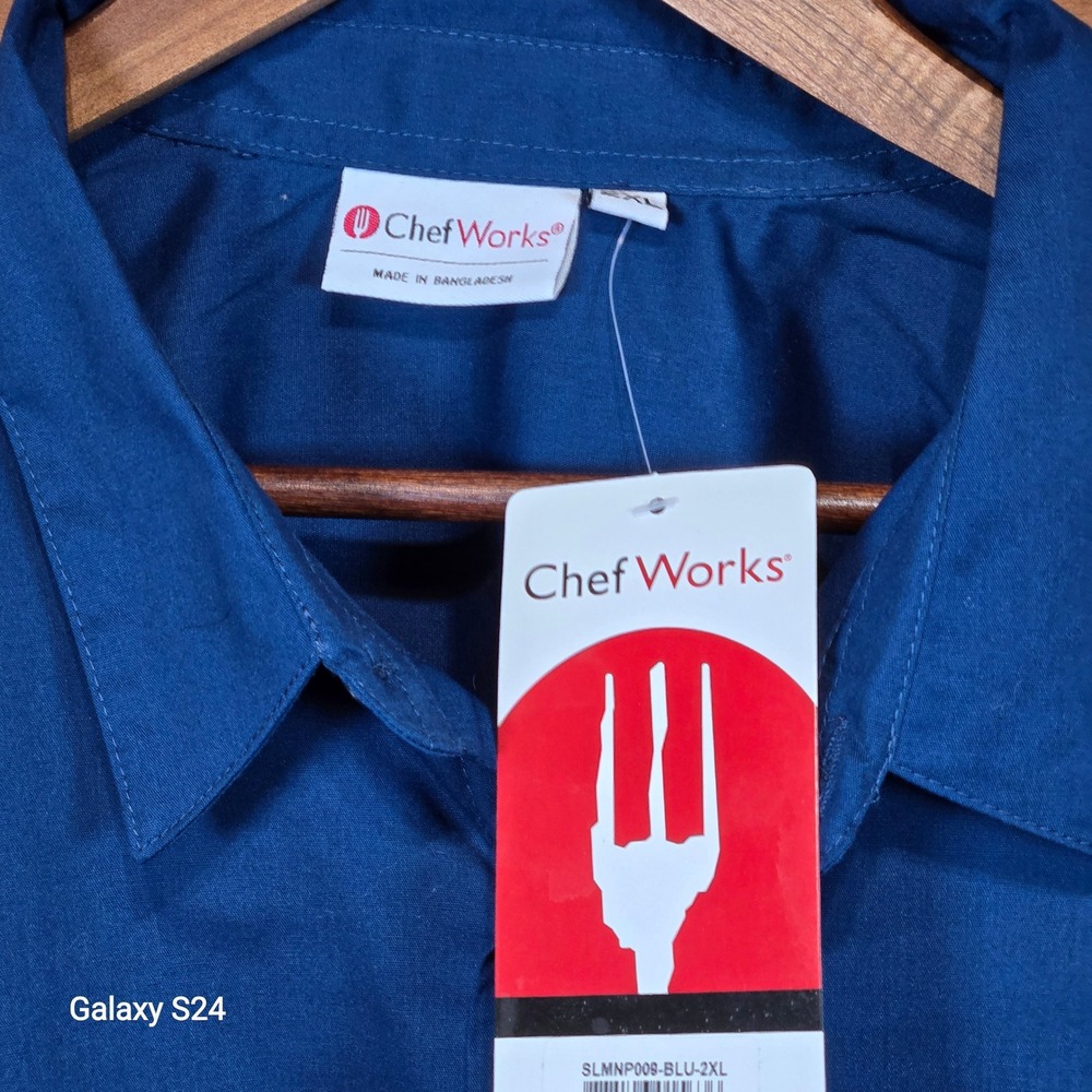 Chef Works Long Sleeve Button Down Work Shirt Blue 2XL Made in Bangladesh‎